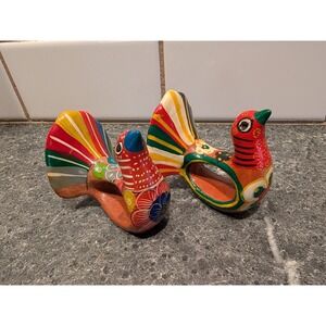 Hand‎ Painted Ceramic Bird Napkin Rings Set Of 2 Colorful Folk Art Decor